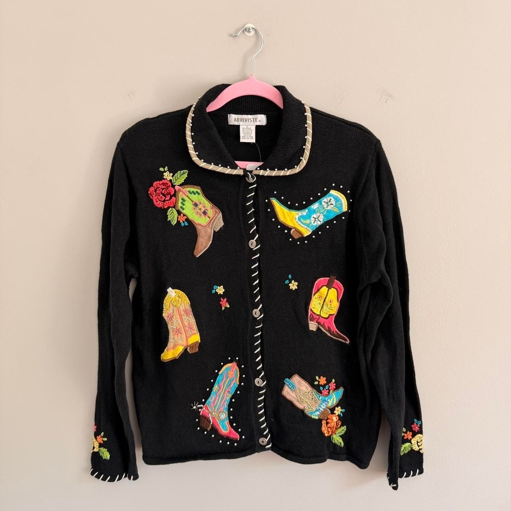 VINTAGE BLACK ARRIVISTE COWBOY BOOT BUTTON UP SWEATER